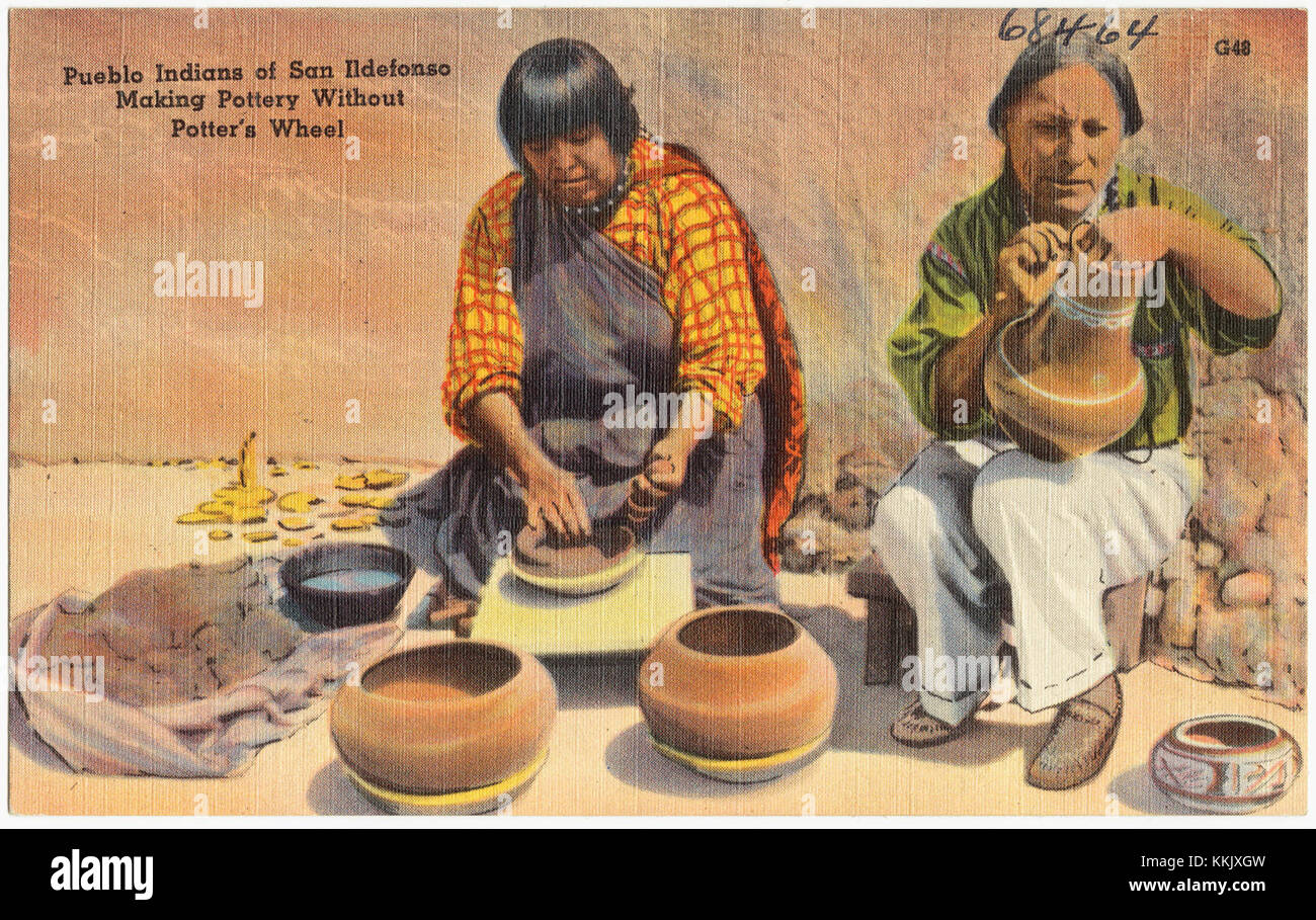 The Pueblo Indians of San Ildefonso in New Mexico have long practiced traditional pottery-making, creating intricate designs and forms by hand, without the use of a pottery wheel. Their work is known for its distinctive style and cultural significance. Stock Photo