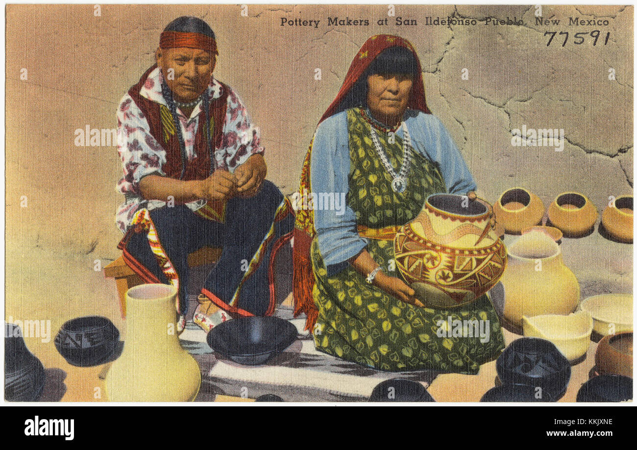 Pottery makers at San Ildefonso Pueblo in New Mexico are known for their traditional methods of creating handcrafted pottery, a key cultural and artistic practice in Native American history. Stock Photo