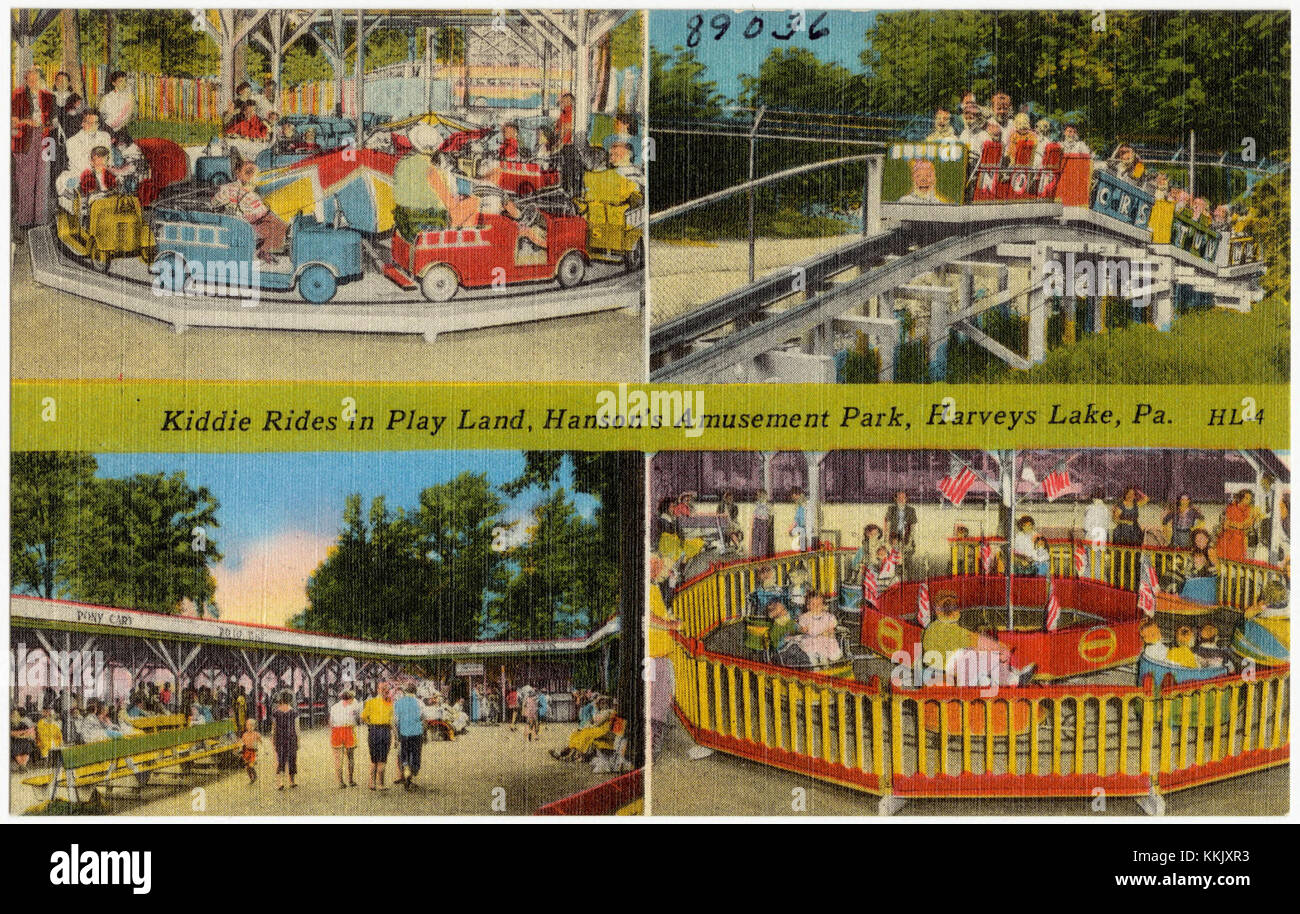 This image depicts kiddie rides at Play Land, Hanson's Amusement Park in Harvey's Lake, Pennsylvania, showcasing the fun and entertainment offered at the park. Stock Photo