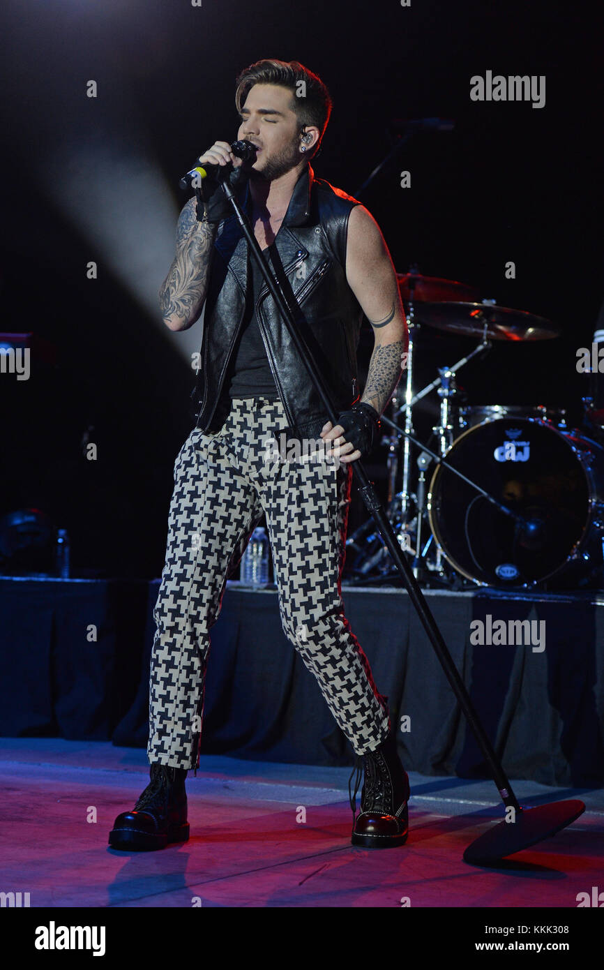 BOCA RATON, FL - DECEMBER 12: Adam Lambert performs during the 97.9 No Snow Ball concert at the Mizner Park Amphitheatre on December 12, 2015 in Boca Raton, Florida.   People:  Adam Lambert Stock Photo
