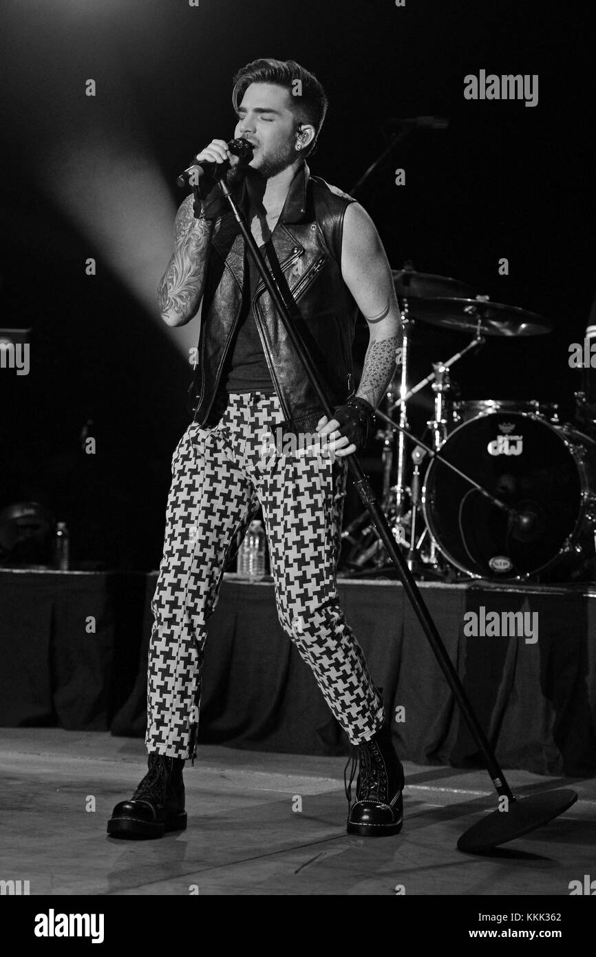 BOCA RATON, FL - DECEMBER 12: Adam Lambert performs during the 97.9 No Snow Ball concert at the Mizner Park Amphitheatre on December 12, 2015 in Boca Raton, Florida.   People:  Adam Lambert Stock Photo