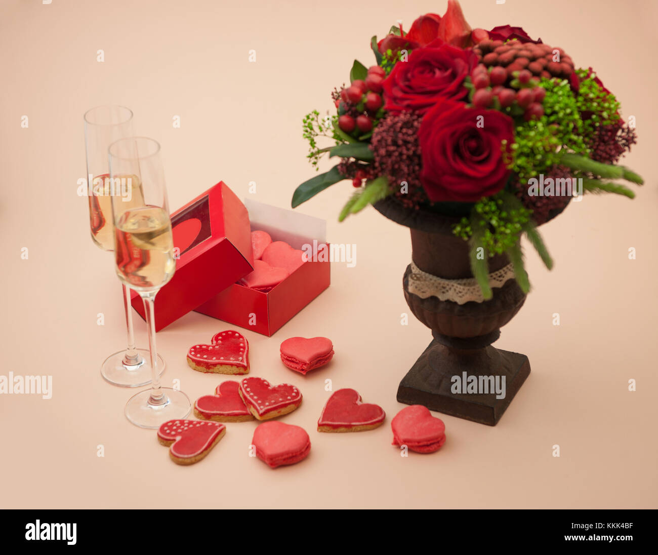 cookies red heart shaped gift box decorated with flowers and groceries