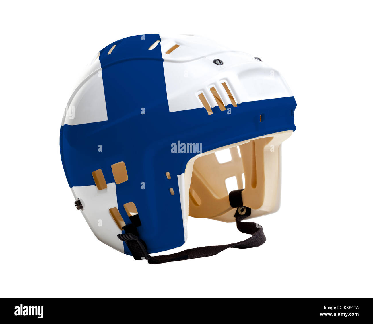 Ice hockey helmet with flag of Finland painted on it. Isolated on white background. Finland is one of the world's major ice hockey nations. Stock Photo