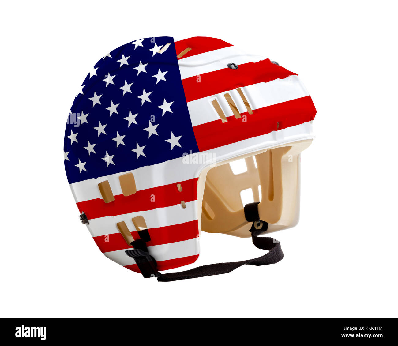 Ice hockey helmet with United States flag painted on it. Isolated on white background. USA is one of the world's major ice hockey nations. Stock Photo