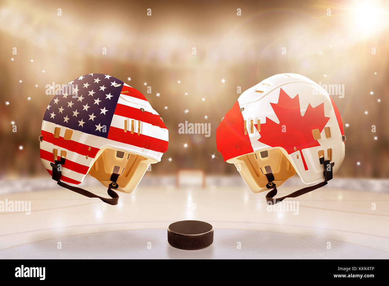 Low angle view of hockey helmets with Canada and USA flags painted and hockey puck on ice in brightly lit stadium background. Concept of intense rival Stock Photo