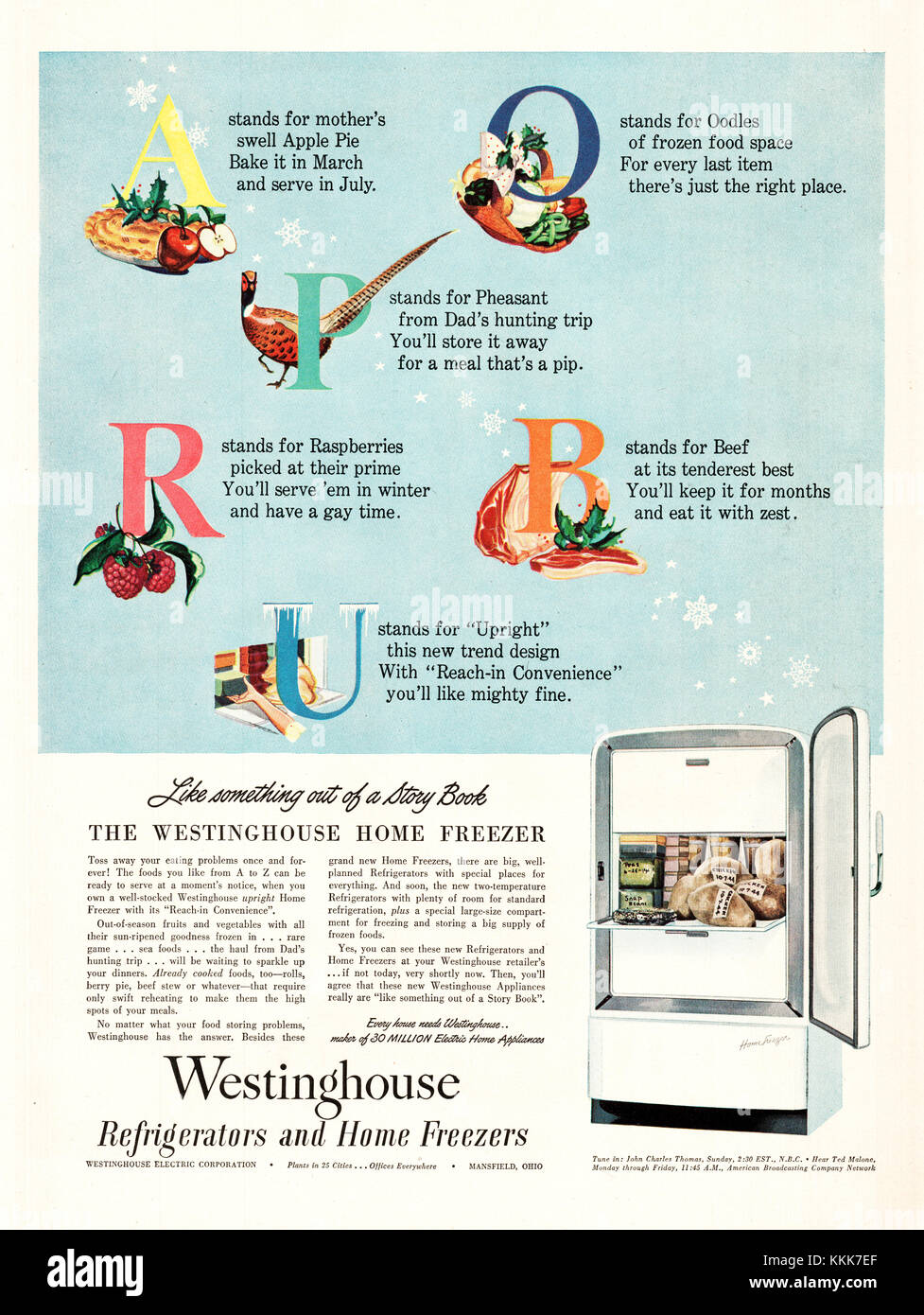 1945 U.S. Magazine Westinghouse Home Freezer Advert Stock Photo