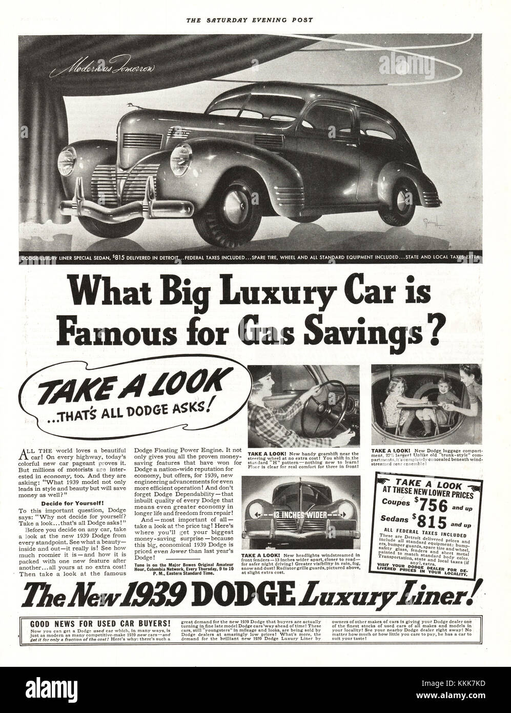 1939 U.S. Magazine Dodge Cars Advert Stock Photo