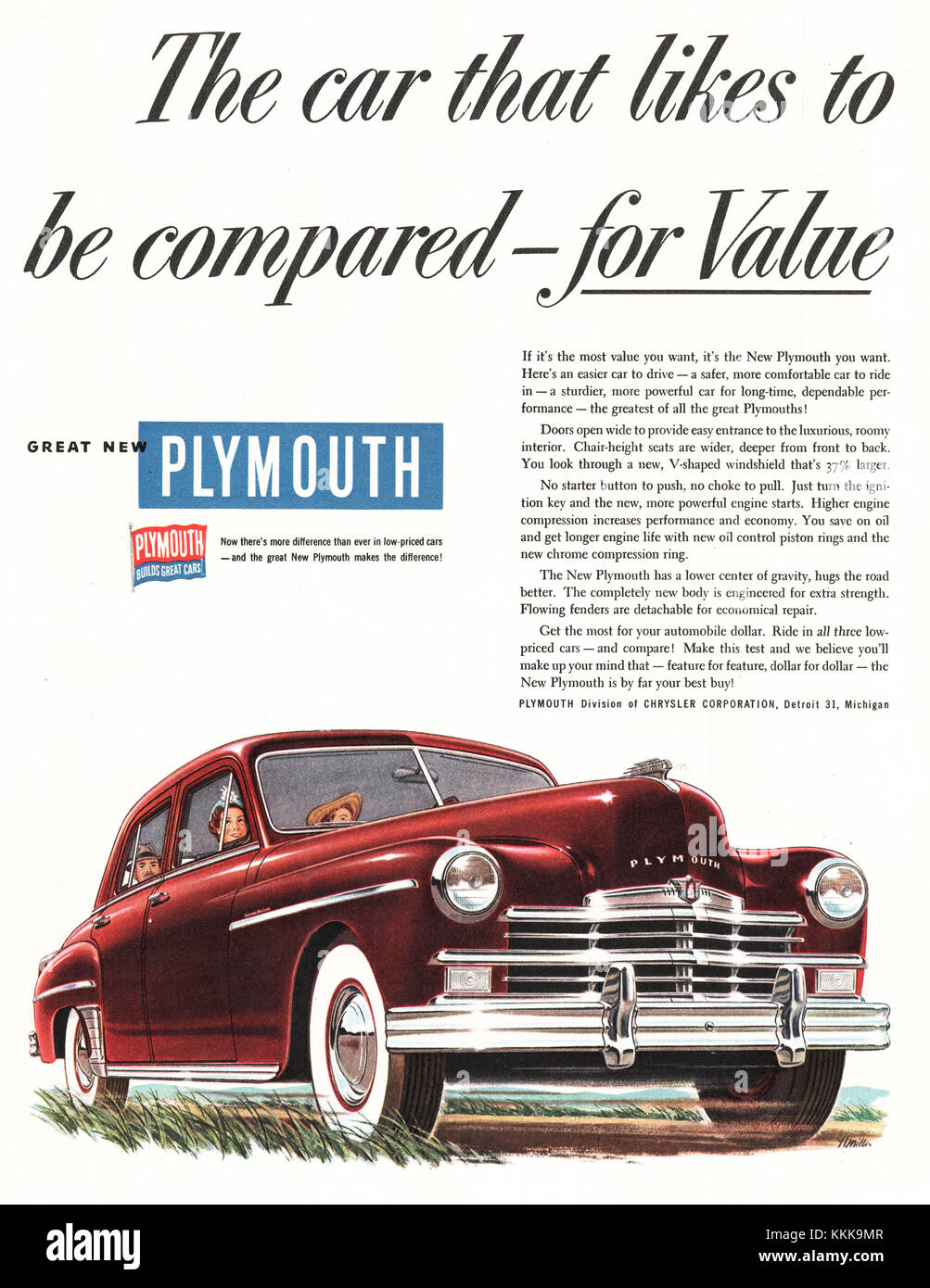 1949 U.S. Magazine Plymouth Cars Advert Stock Photo