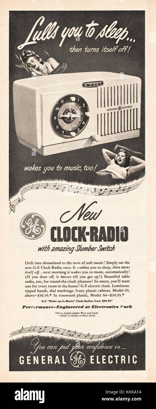 1949 U.S. Magazine General Electric Clock Radio Advert Stock Photo Alamy
