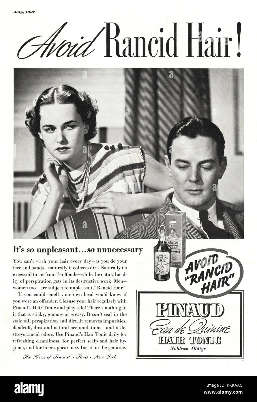 1937 U.S. Magazine Pinaud Hair Tonic Advert Stock Photo