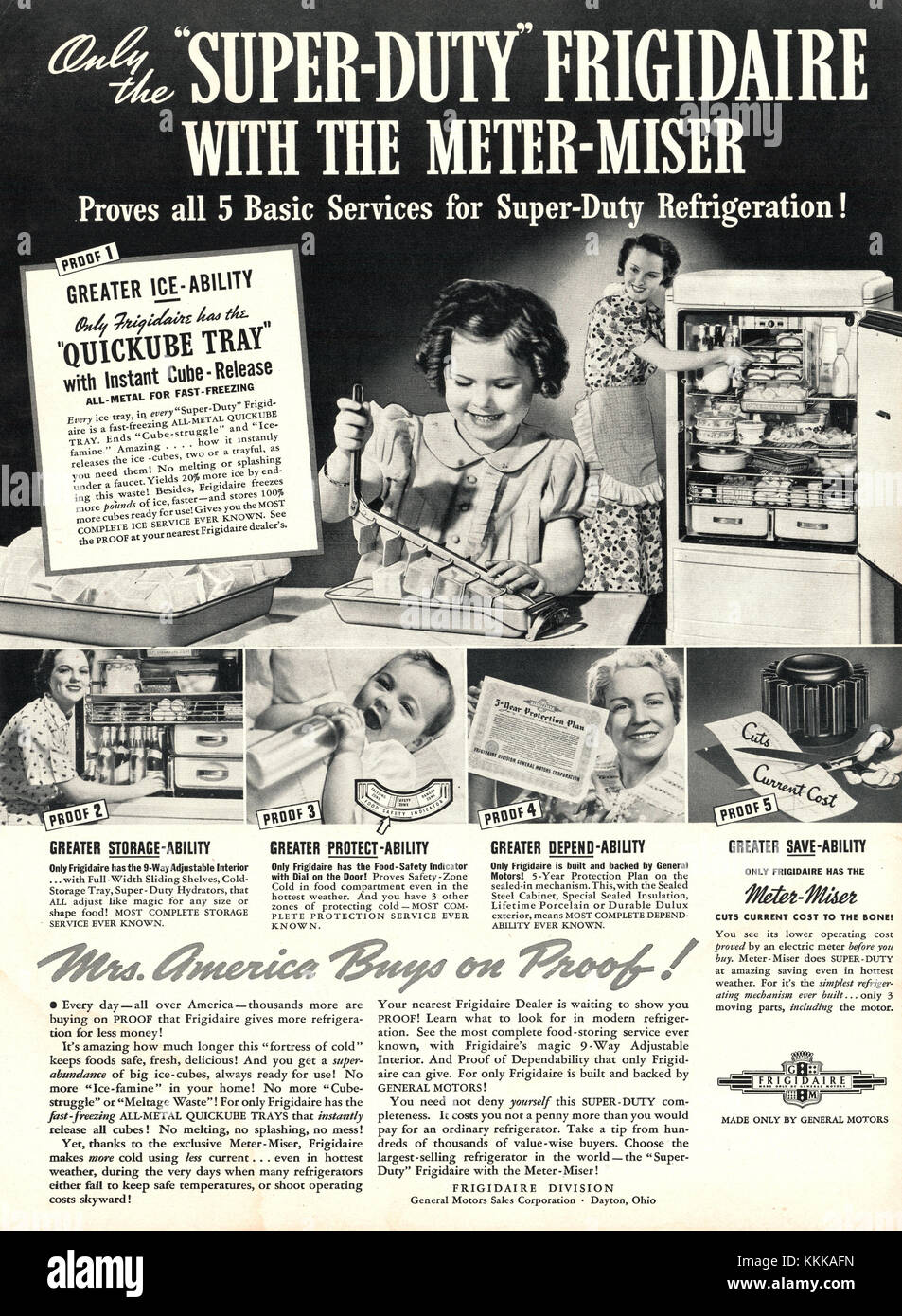 1937 U.S. Magazine Frigidaire Refrigerator Advert Stock Photo