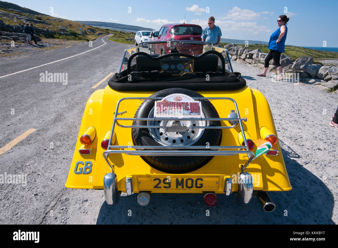 Vintage car along the Wild Atlantic Way in the Burren area, County Clare, Ireland Stock Photo