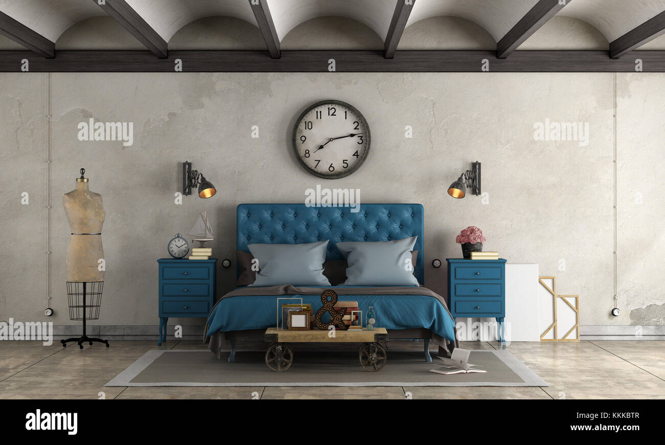 Bedroom in industrial style with blue double bed and retro objects - 3d rendering Stock Photo