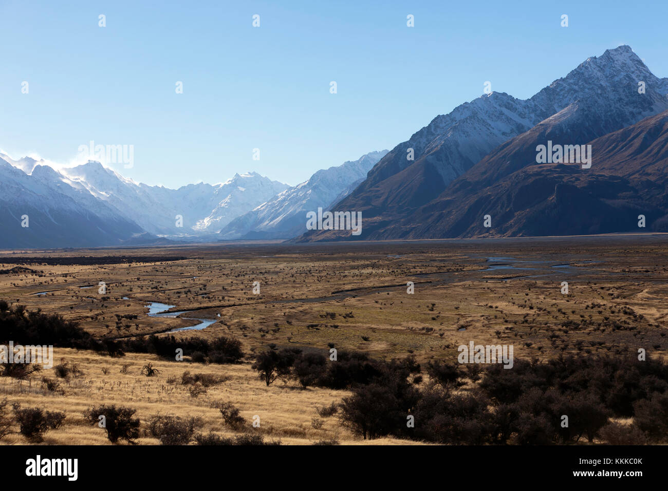 View of the Tasman River flowing through the wide flat-bottomed Tasman Valley in the Southern Alps, South Island,  New Zealand Stock Photo
