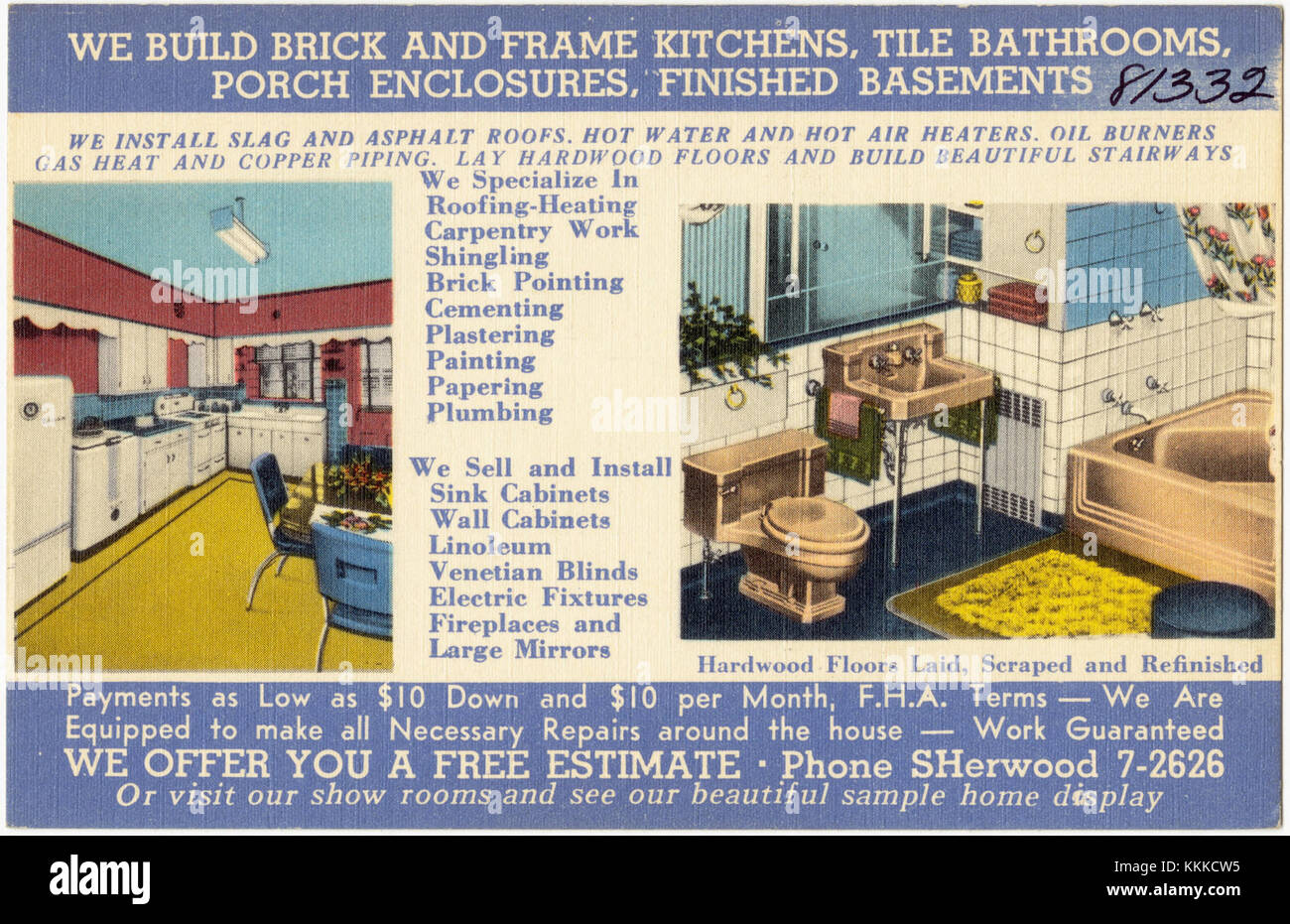 This company specializes in constructing brick and frame kitchens, tiling bathrooms, enclosing porches, and finishing basements. Their services enhance home functionality and aesthetics, catering to various remodeling needs. Stock Photo