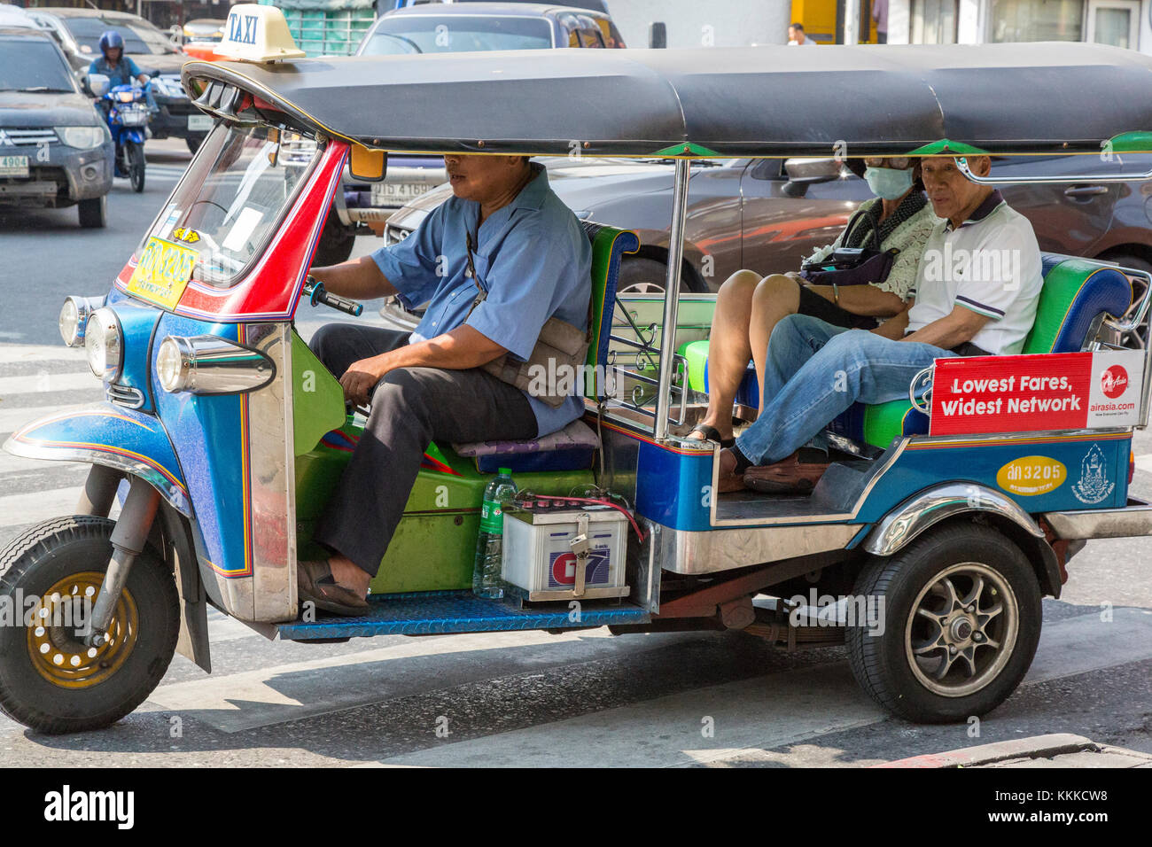 Bangkok, Thailand.  Three-wheeled Tuk-Tuk, Local Taxi Transport. Stock Photo