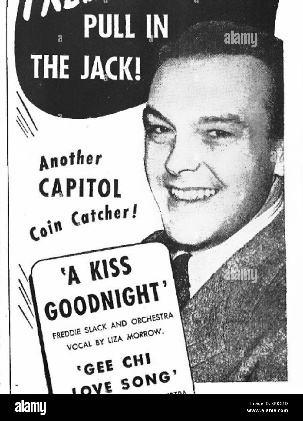 Freddie Slack, an American bandleader and pianist, was featured in billboards to promote his musical performances. His contributions to jazz and swing music during the 1930s and 1940s are celebrated in these historical advertisements. Stock Photo