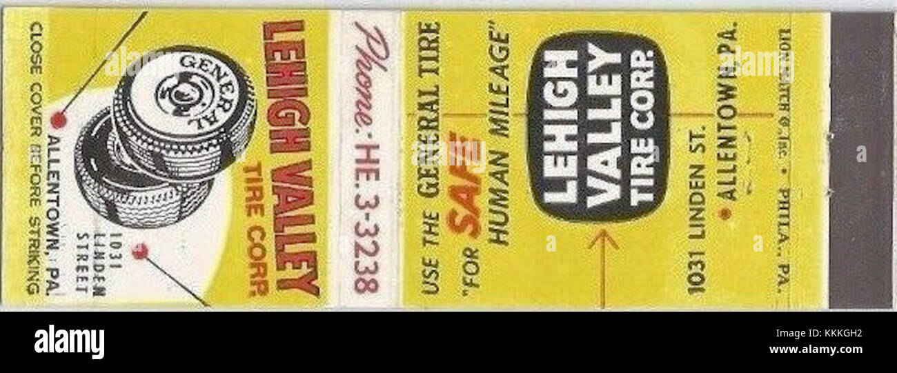 1962 Lehigh Valley Tire Company Matchcover Allentown PA Stock Photo