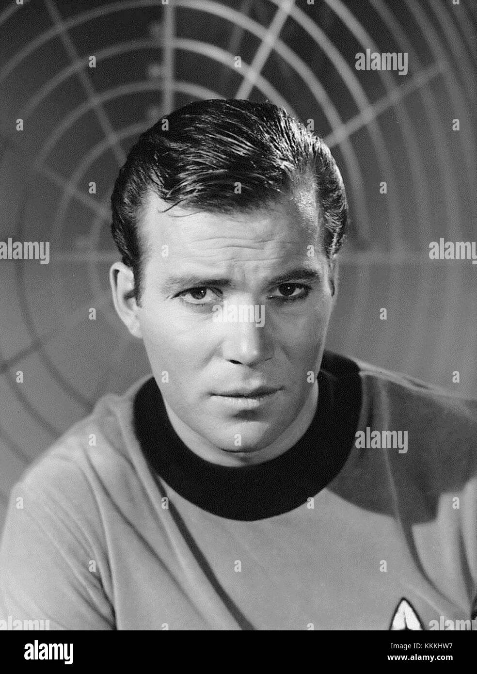 A publicity photo of Captain Kirk, the iconic character from the Star Trek series, showcases his role as a leader and explorer in the futuristic science fiction universe of Star Trek. Stock Photo