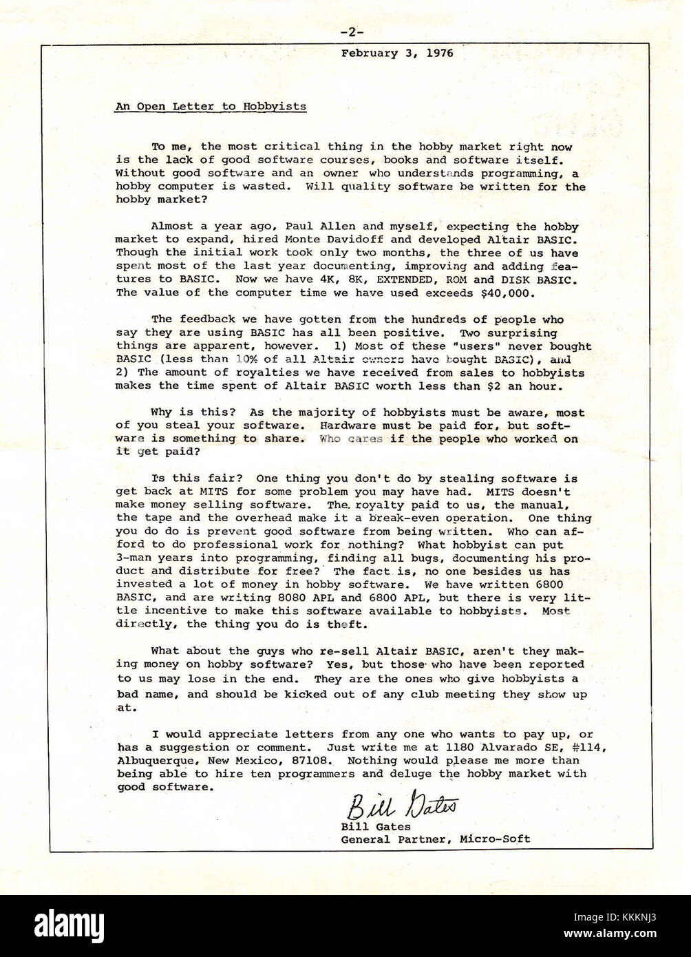 Homebrew Computer Club Newsletter Volume 2, Issue 1, January 31, 1976.  Letter from Bill Gates of Micro-Soft addressed to the members of the Homebrew Computer Club and hobbyist in general. Bill Gates Letter to Hobbyists Stock Photo