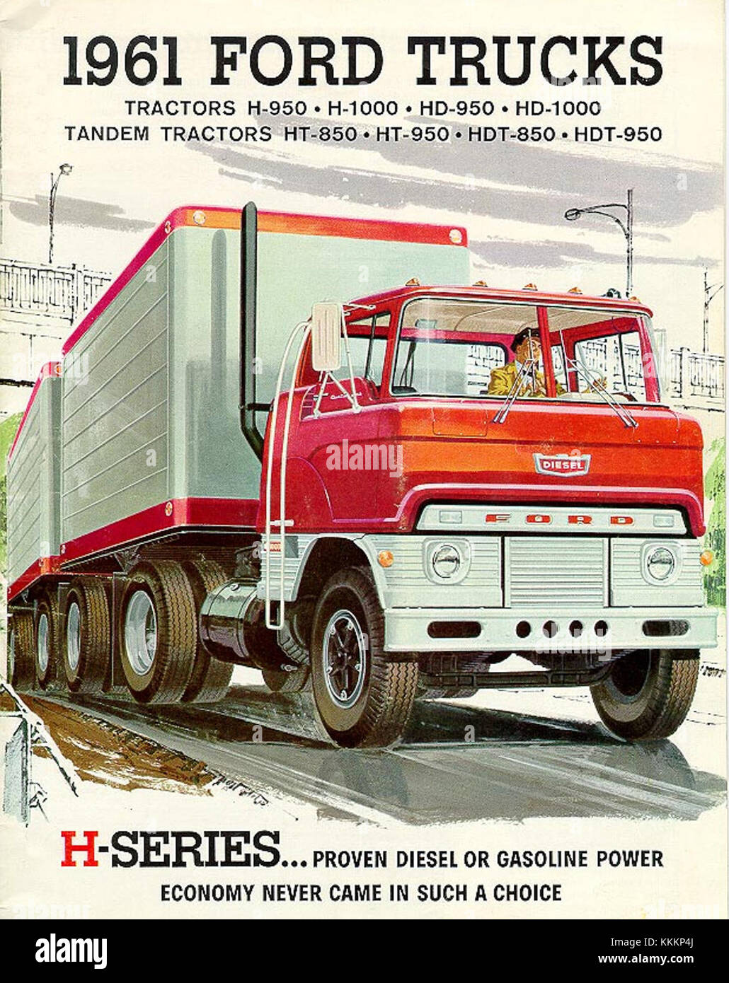 The 1961 Ford truck advertisement showcases the brand's heavy-duty vehicles, emphasizing their reliability and performance in various work environments. Stock Photo