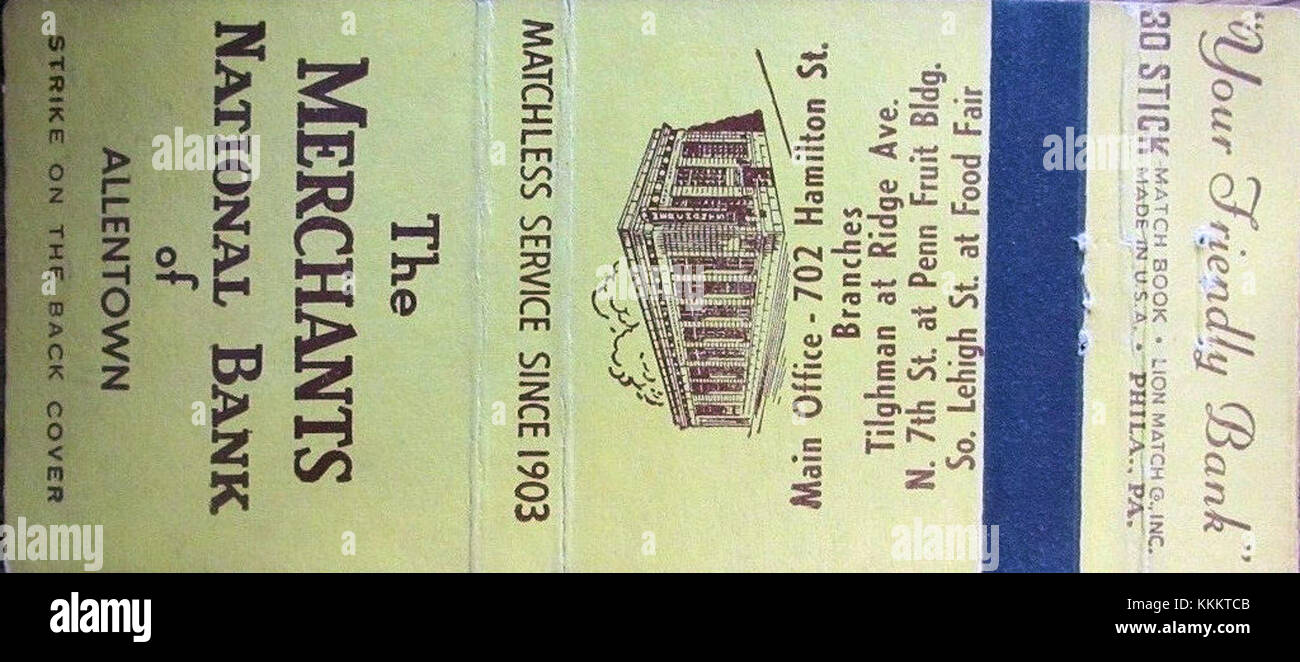 1949 Merchants National Bank Matchcover Allentown PA Stock Photo