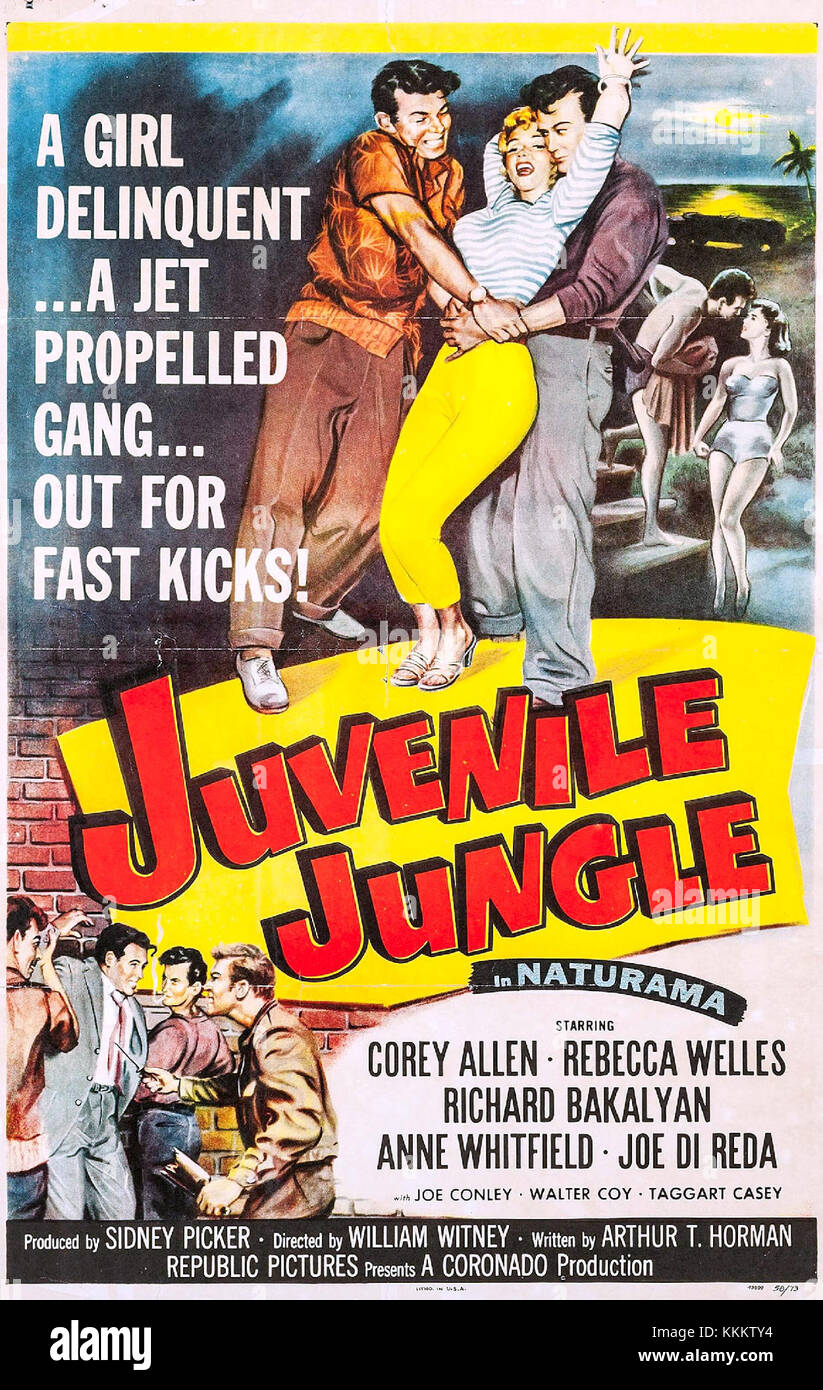 The 'Juvenile Jungle' poster is a promotional item for a 1950s film, depicting themes of youthful rebellion and adventure. The film explores the lives of teenagers, reflecting social issues of the time in a dramatic narrative. Stock Photo