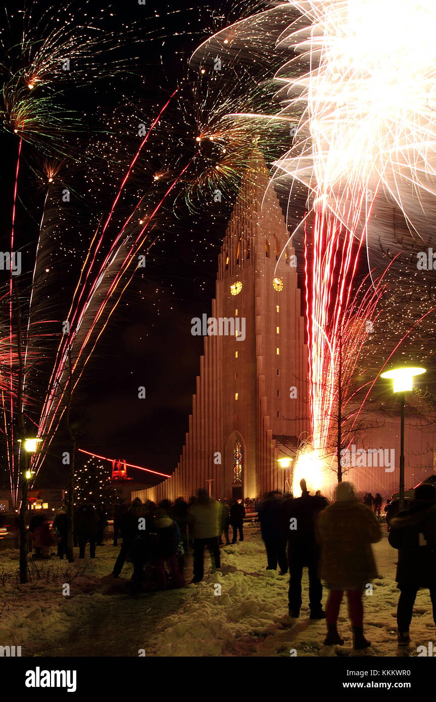 Reykjavík, Iceland, New Year Eve, Fireworks near Hallgrímskirkja
