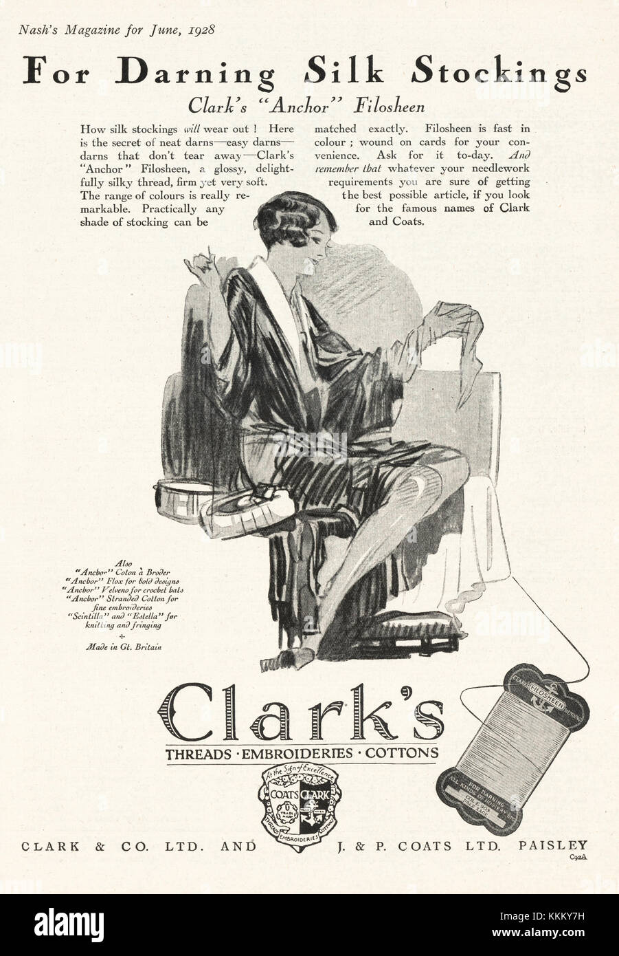 1928 UK Magazine Clark's Threads Advert - Stock Image