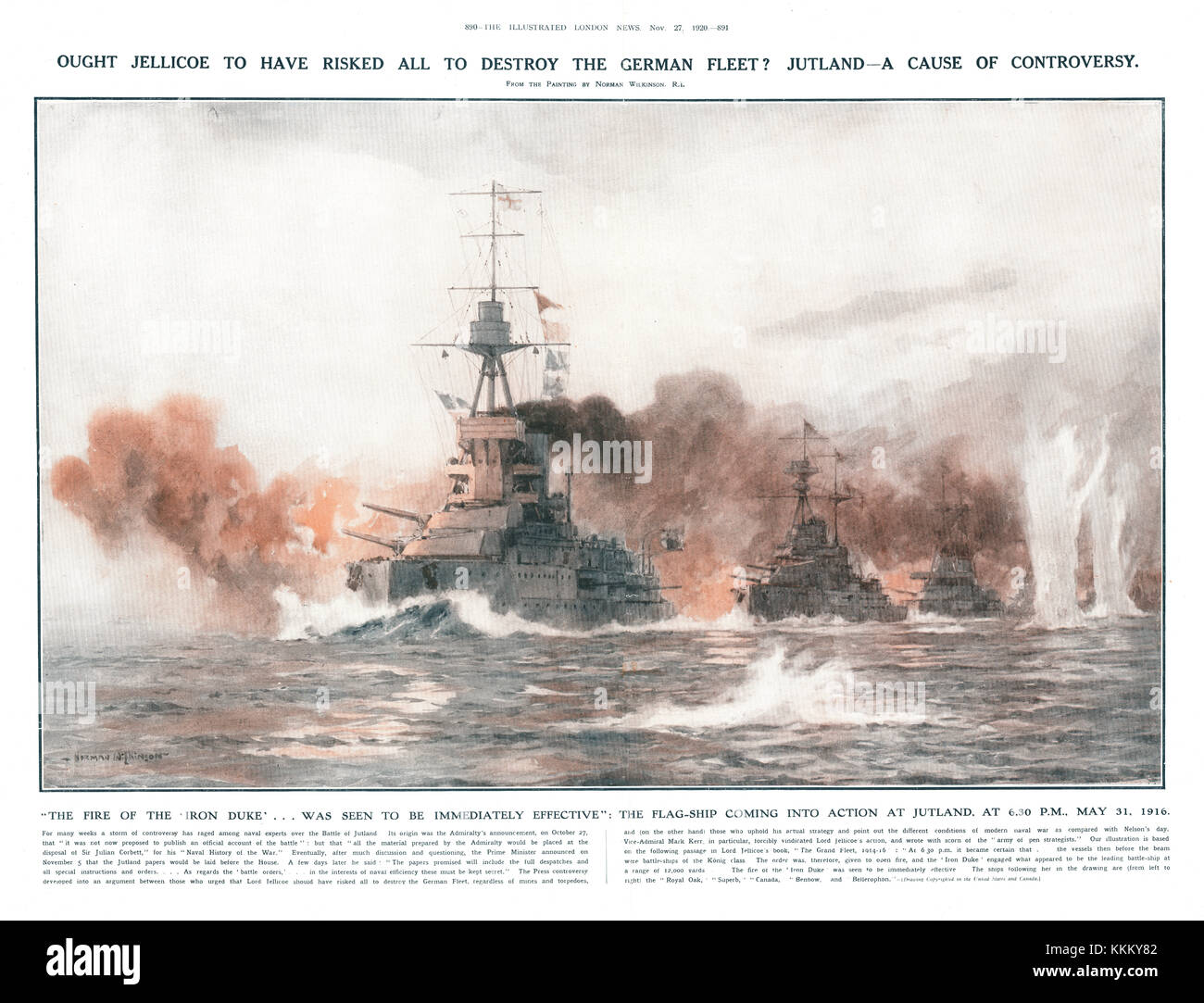 1920 Illustrated London News HMS Iron Duke at the Battle of Jutland Stock Photo