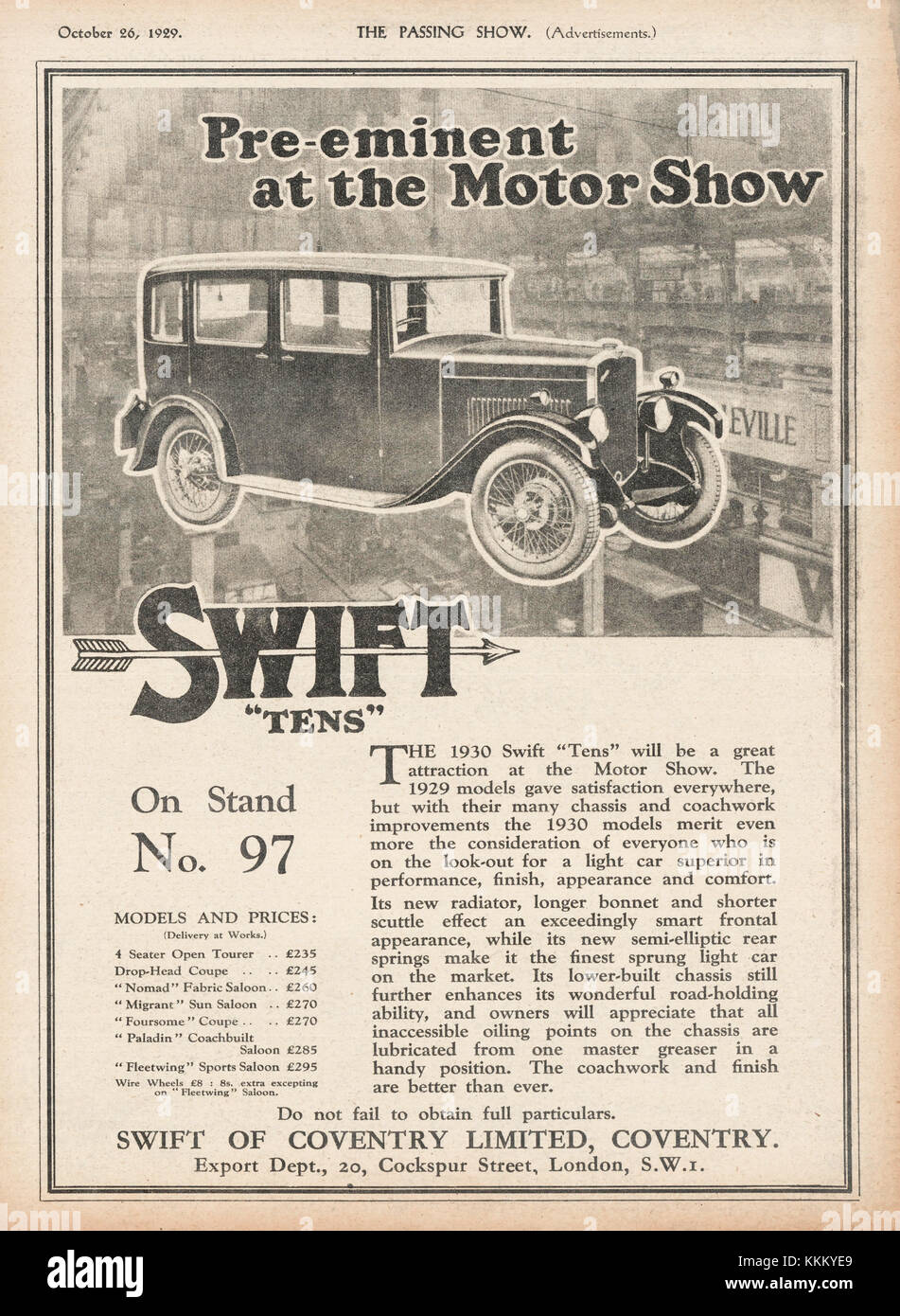 1929 UK Magazine Swift 'Tens' Car Advert Stock Photo