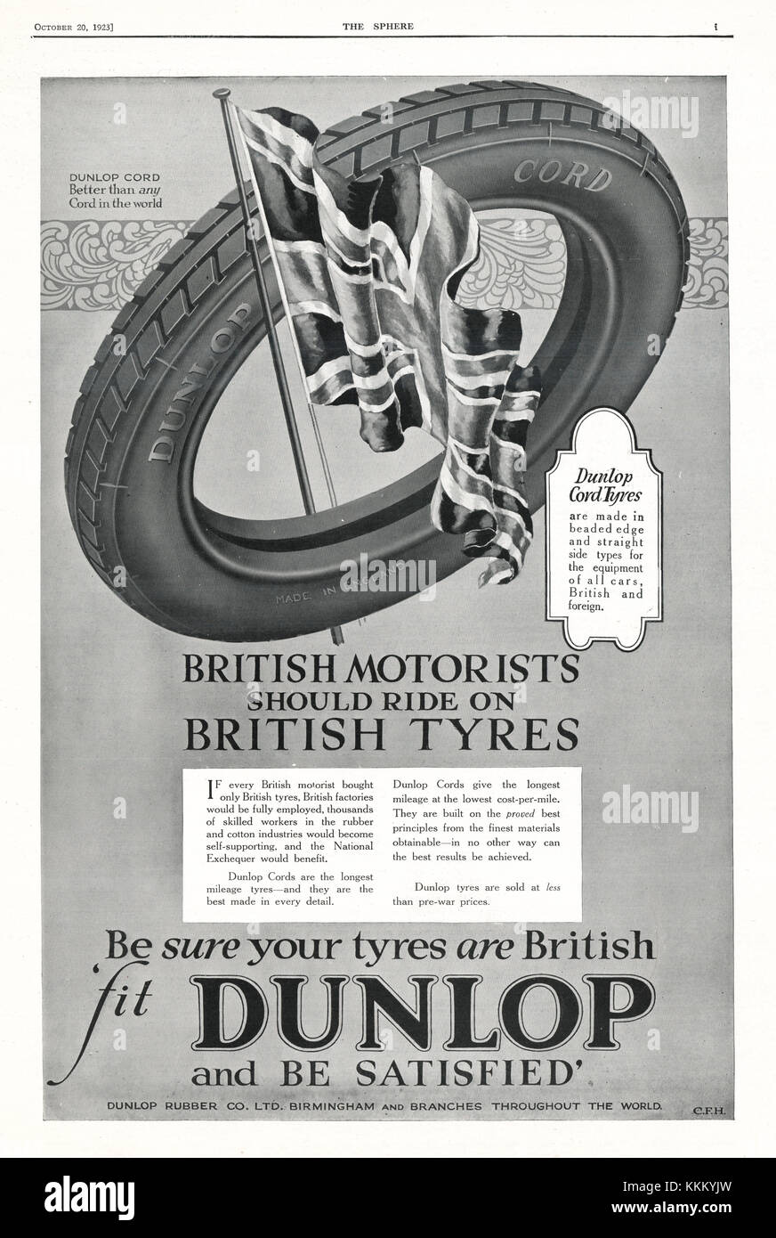 1923 UK Magazine  Dunlop Tyres Advert Stock Photo