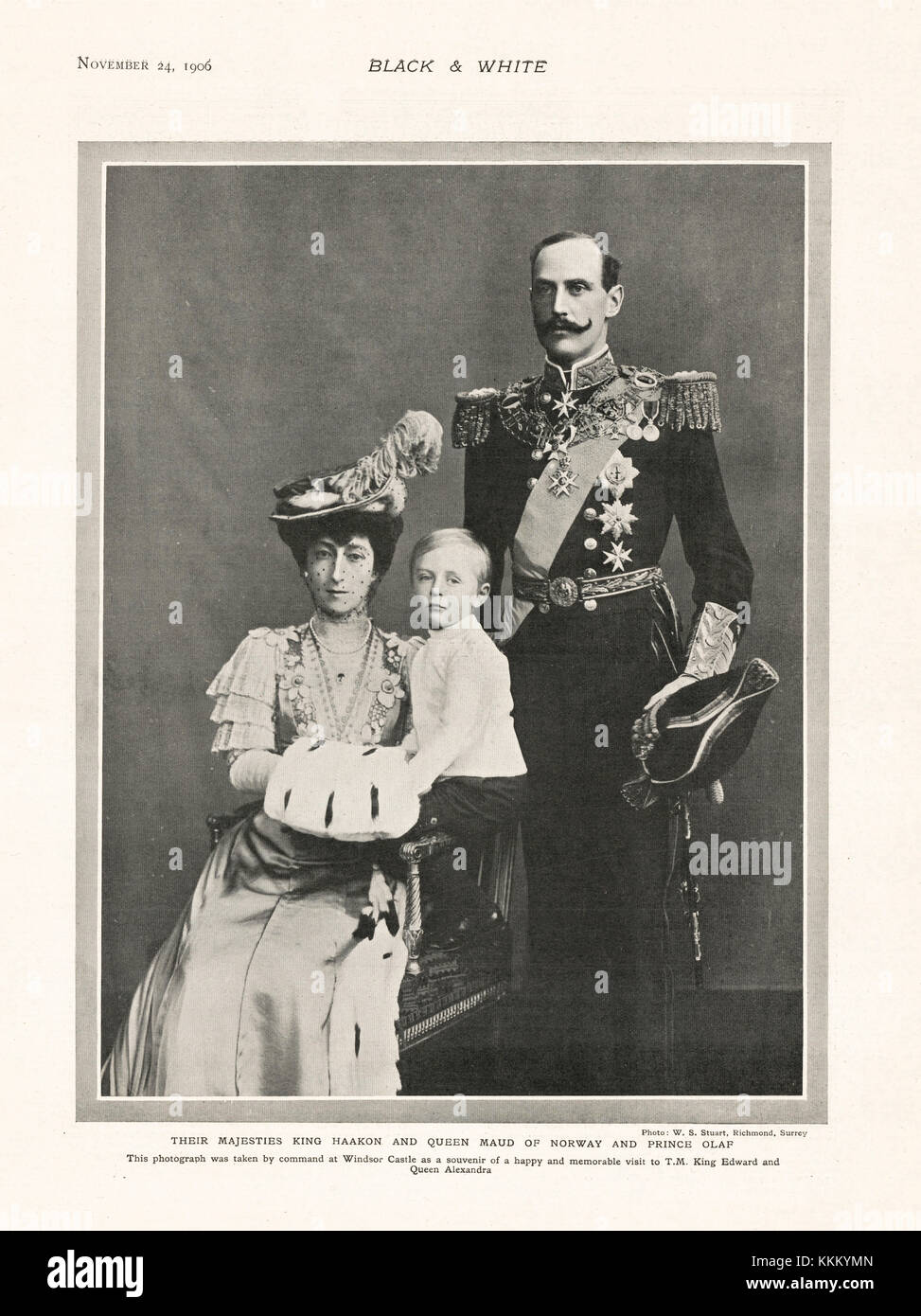 1906 Black & White King Haakon of Norway with Queen Maud and Prince Olaf Stock Photo