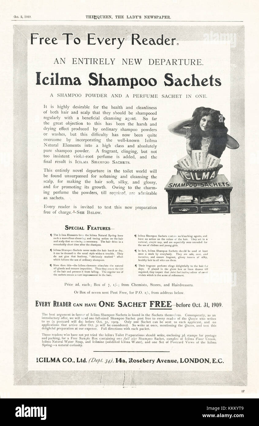 1909 UK Magazine Icilma Shampoo Sachets Advert Stock Photo