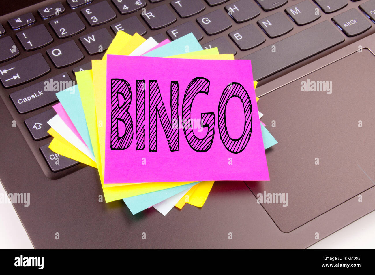 Writing Bingo text made in the office close-up on laptop computer keyboard. Business concept for Lettering Gambling to Win Price Success Workshop on t Stock Photo