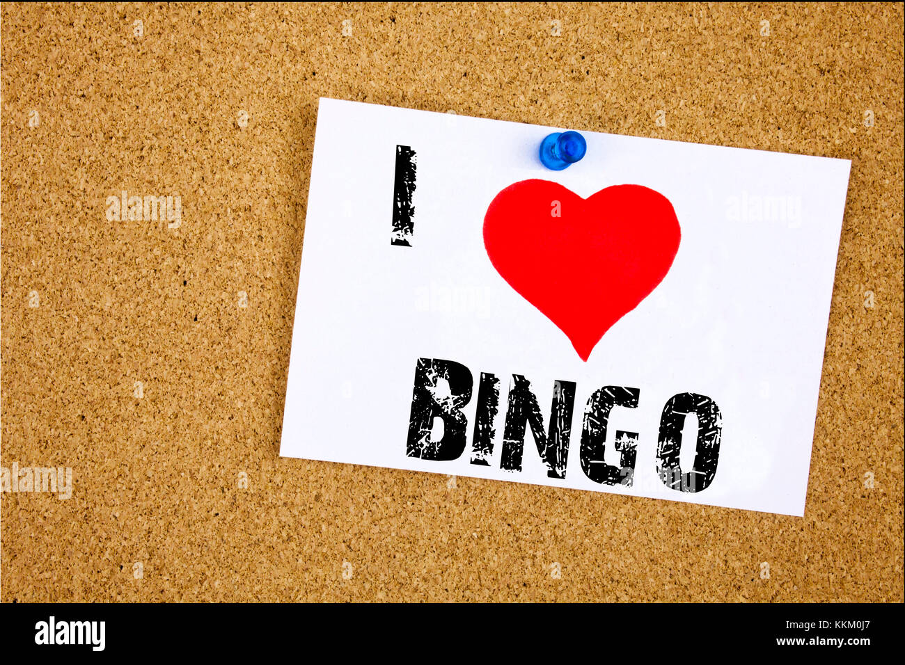 Hand writing text caption inspiration showing I Love Bingo concept meaning Lettering Gambling to Win Price Success Loving written on sticky note, remi Stock Photo