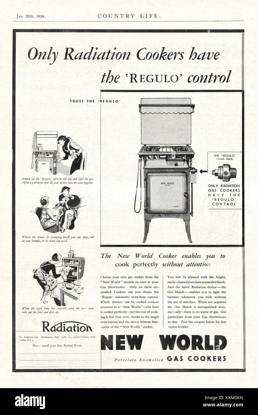 1934 UK Magazine New World Gas Cookers Advert Stock Photo Alamy