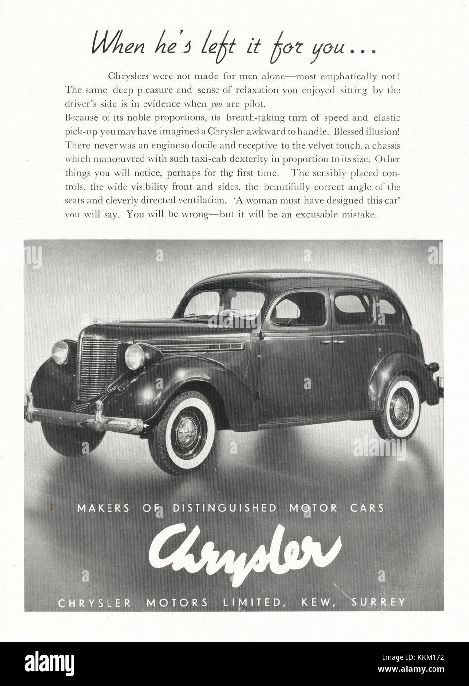 1937 UK Magazine Chrysler Car Advert Stock Photo
