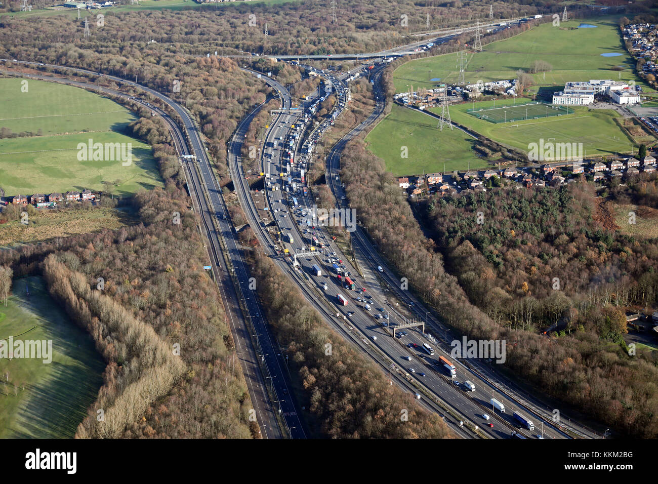 aerial view of traffic where the M61 meets the M60 at Wardley near Bolton, UK Stock Photo