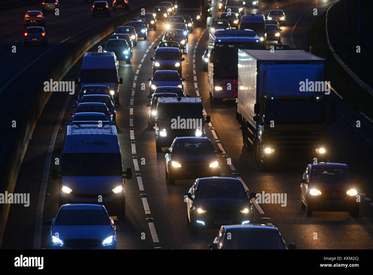 traffic jam on the m62 motorway at night leeds yorkshire united kingdom Stock Photo