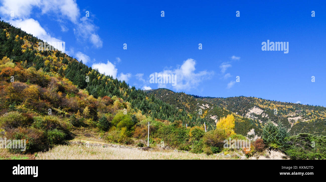 View of high mountains in Huanglong national park, Sichuan, province, China. Stock Photo
