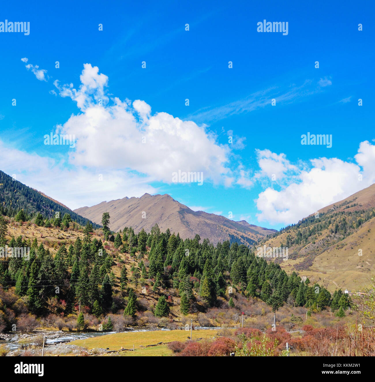 View of high mountains in Huanglong national park, Sichuan, province, China. Stock Photo