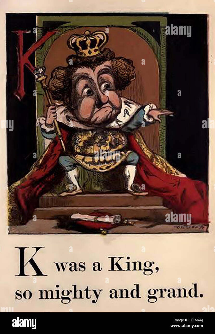 An historic  coloured Victorian children's ABC book illustration - K for King sitting on his throne Stock Photo