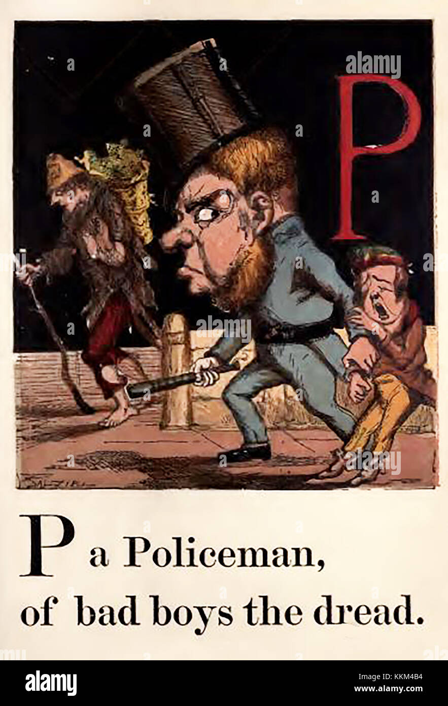 An historic  coloured Victorian children's ABC book illustration - P for Policeman dragging a protesting boy - old barefoot man without shoes in background Stock Photo