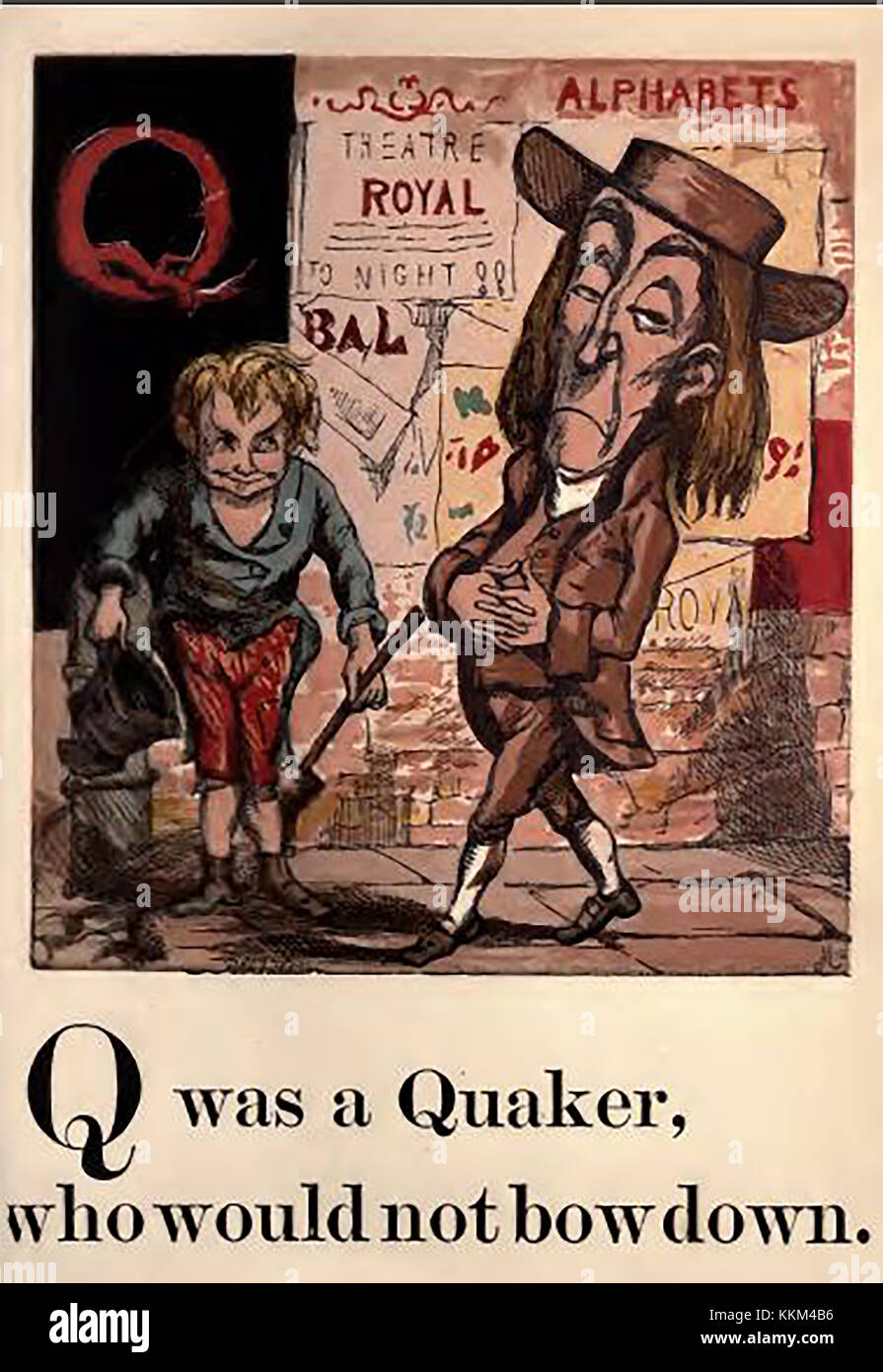 An historic  coloured Victorian children's ABC book illustration - Q for Quaker (boy doffing his hat) Stock Photo