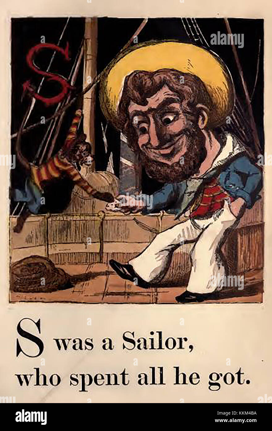 An historic  coloured Victorian children's ABC book illustration - S for Sailor (feeding a monkey) Stock Photo