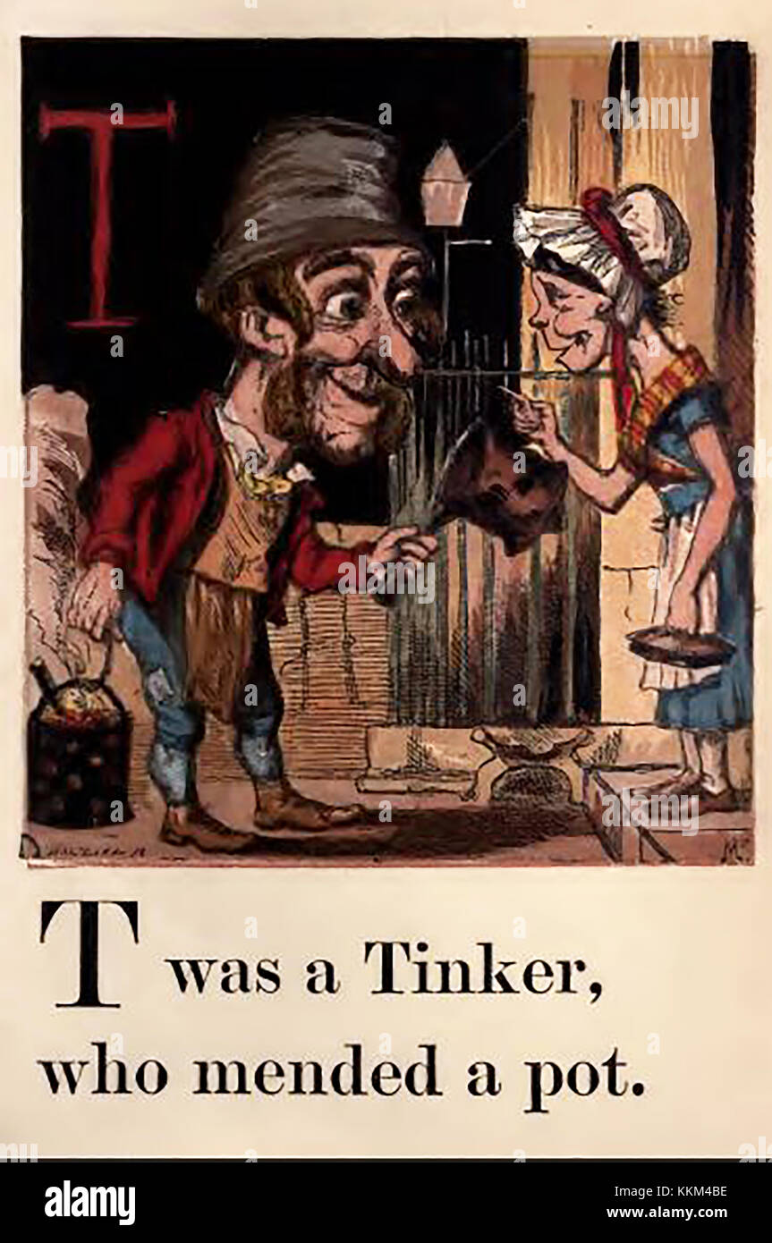 An historic  coloured Victorian children's ABC book illustration -T for Tinker mending or selling pots and pans Stock Photo