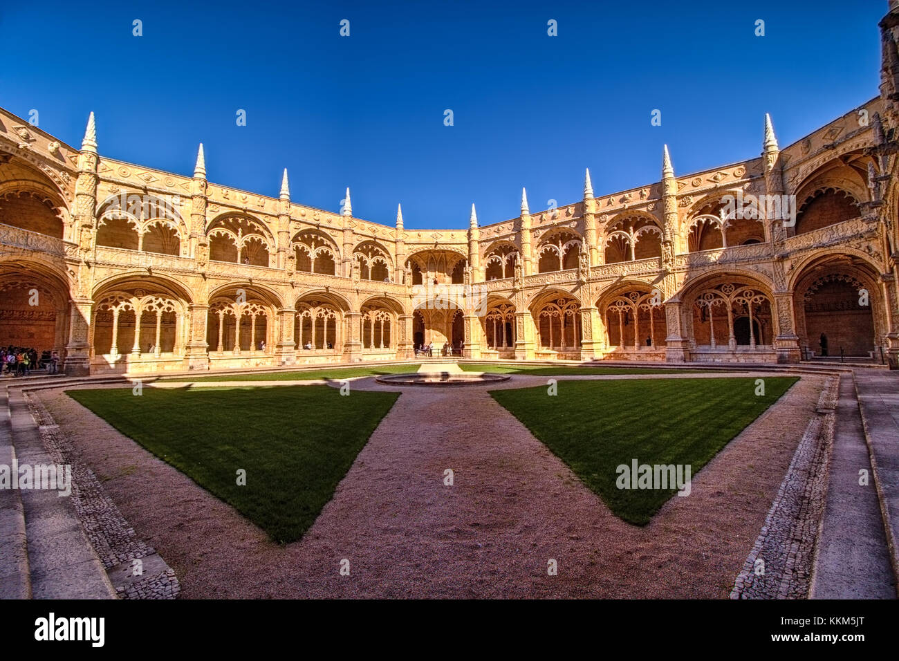 The cloisters in Jeronimos Monastery in Lisbon, Portugal, showing the characteristic detailed carvings of Manueline architecture. Stock Photo
