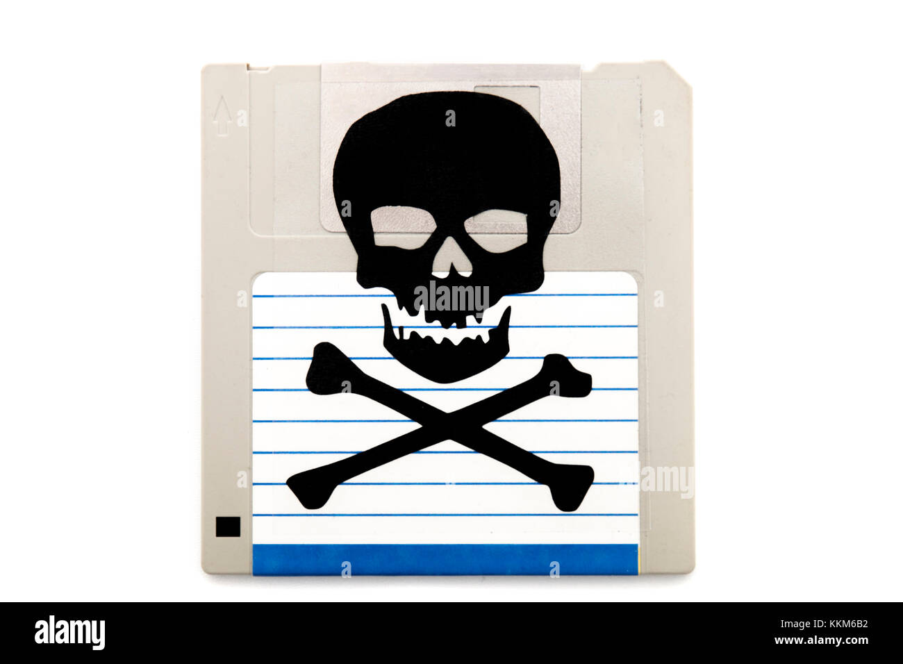 Close up view of a infected computer floppy disk isolated on a white background. Conceptual image with skull and bones. Stock Photo