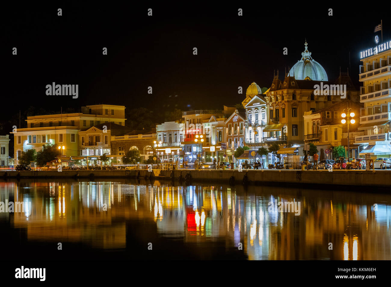 Panoramic shot of Mytilene town in Lesvos island, Greece in the evening. Mitilene is the capital and port of the island of Lesbos and the North Aegean Stock Photo